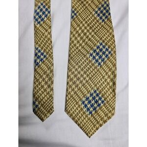 Bronzini Tie Mens Brown Tan Blue Houndstooth Diamond Pattern All Silk Necktie